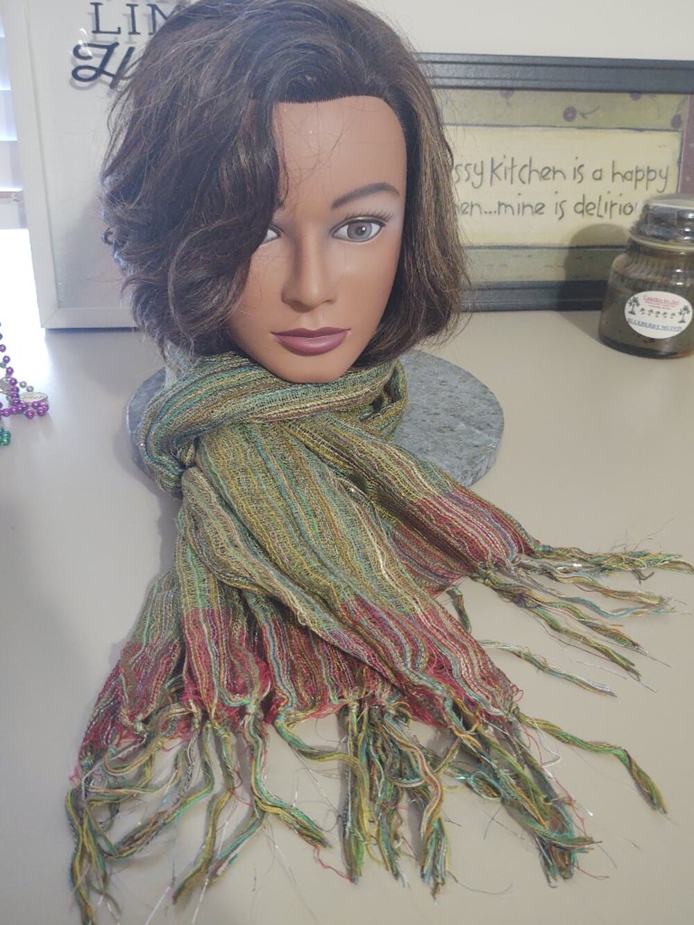 Boho Two-Tone Open Weave Scarf Green & Burgundy